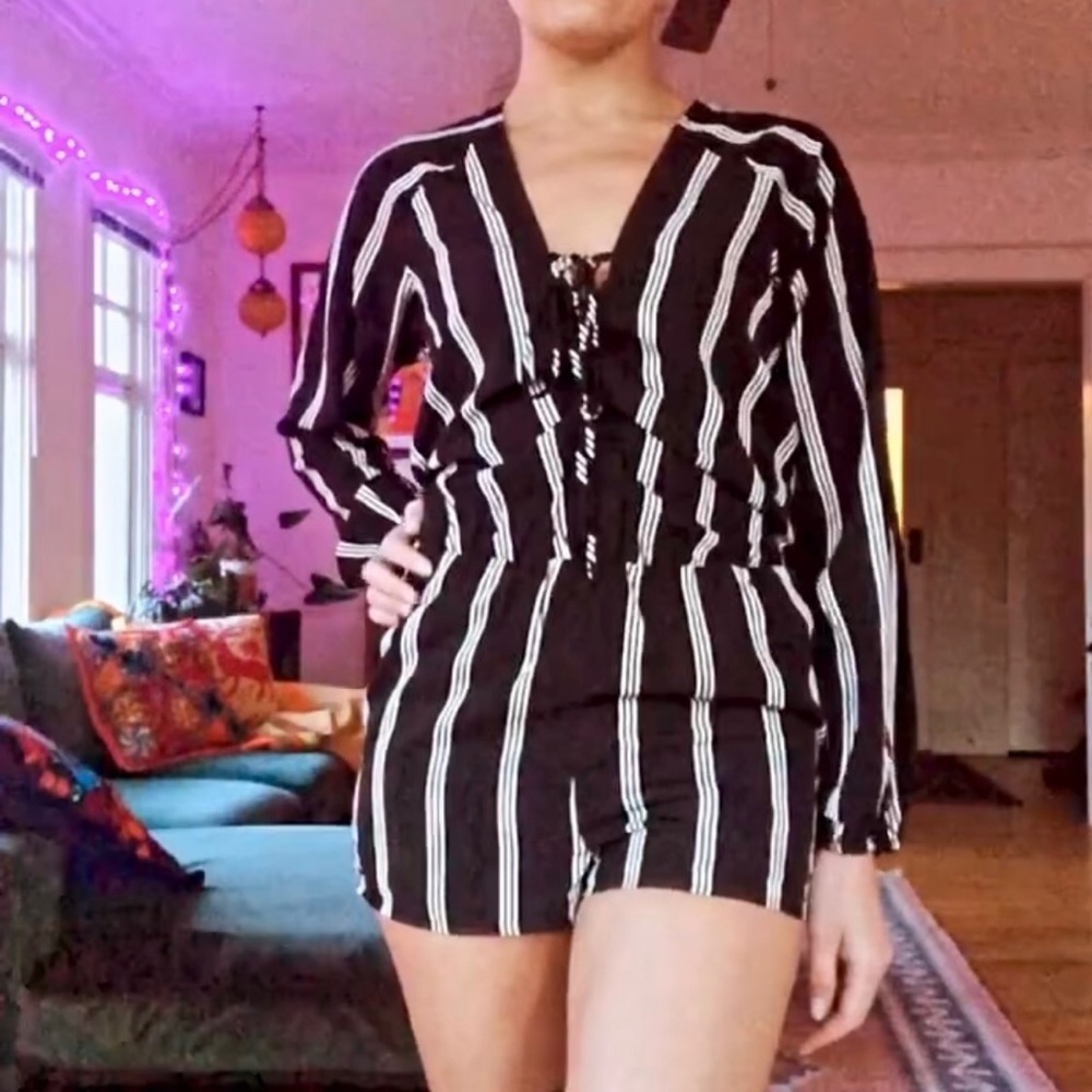 Striped Romper with Lace Up Neckline